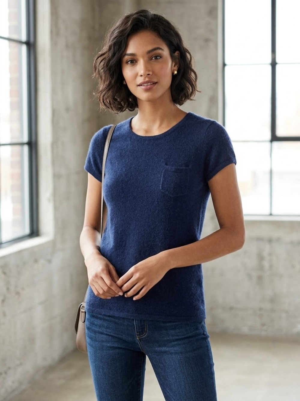 Garnet Hill 100% Cashmere Sweater Short Sleeve Navy , Small